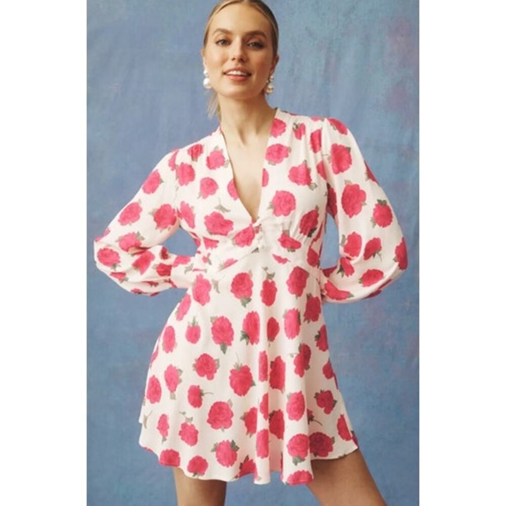Rixo X RTR Hebe Dress Floral V Neck Long Sleeve Mini White Pink M